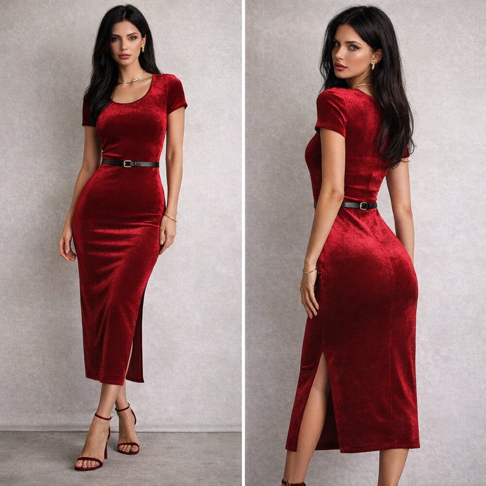 Vintage 90s Y2K Midi Dress Velvet Scarlett Red Side Slit size S Holidays Party